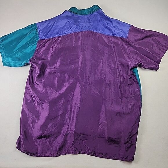 VTG 90's Opus 100% Silk Colorblock Button Down Shirt Large Retro Y2K Club - Picture 7 of 9